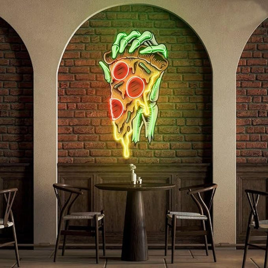 Keleton Hand Holding Pizza Neon Sign Pizza UV Printed Neon Decor