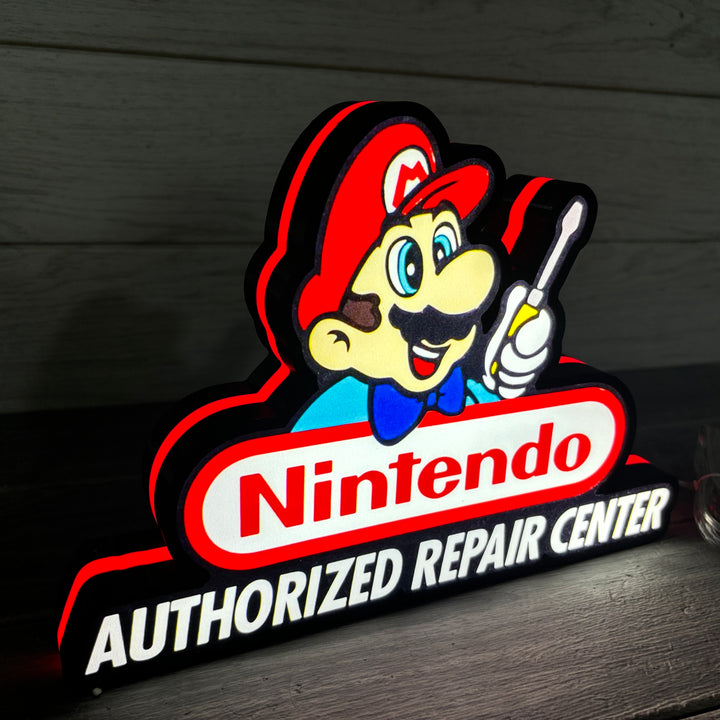 Classic Nintendo Super Repair Center LED Light Box, Perfect for Game Room, Super Mario Sign for Man Cave, Functional Dimmer, 5V USB Plug In