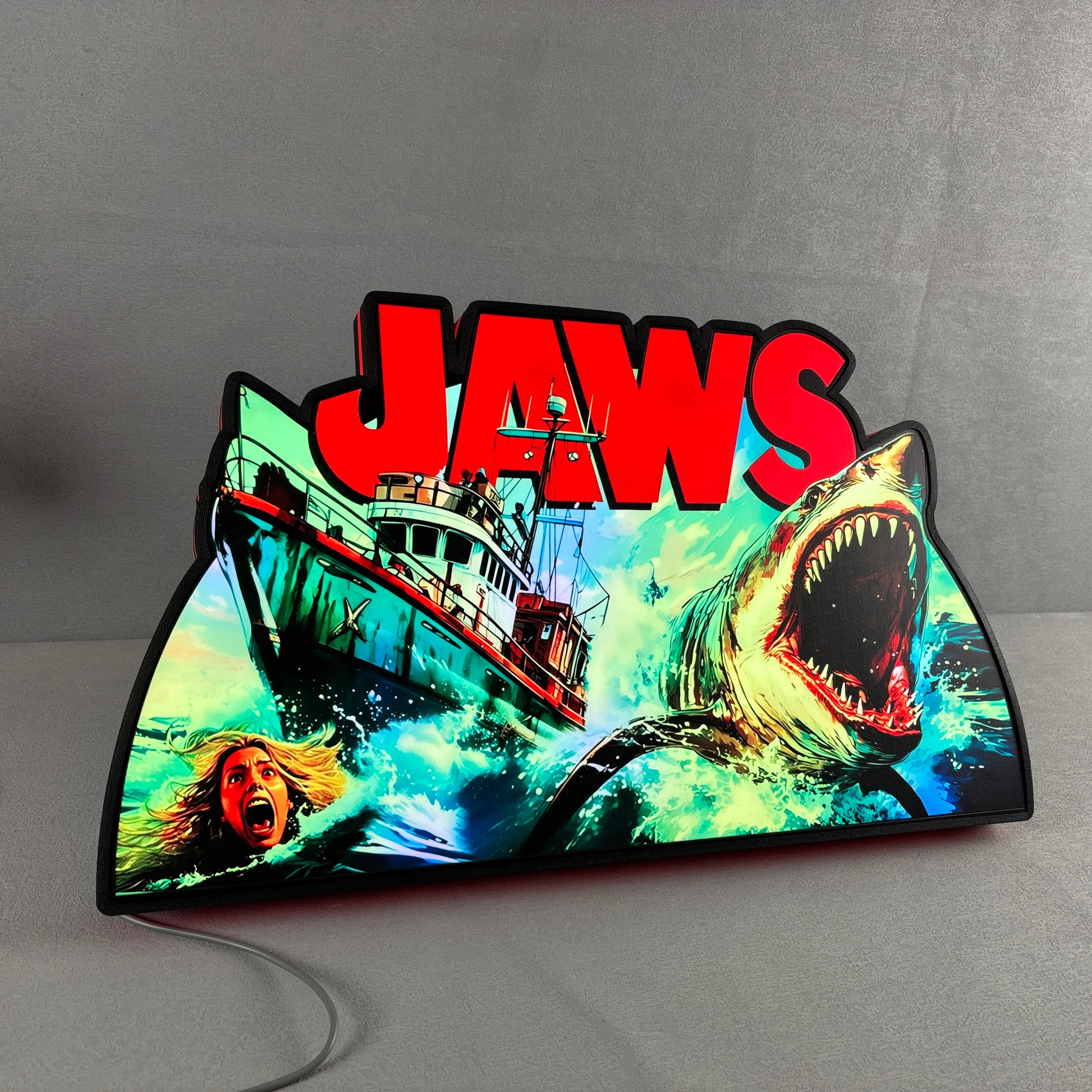 Jaws Pinball Topper, Designed for Stern Jaws Pinball 3D printed lightbox housing with RED Halo effects, LED, Dimmable, and USB powered