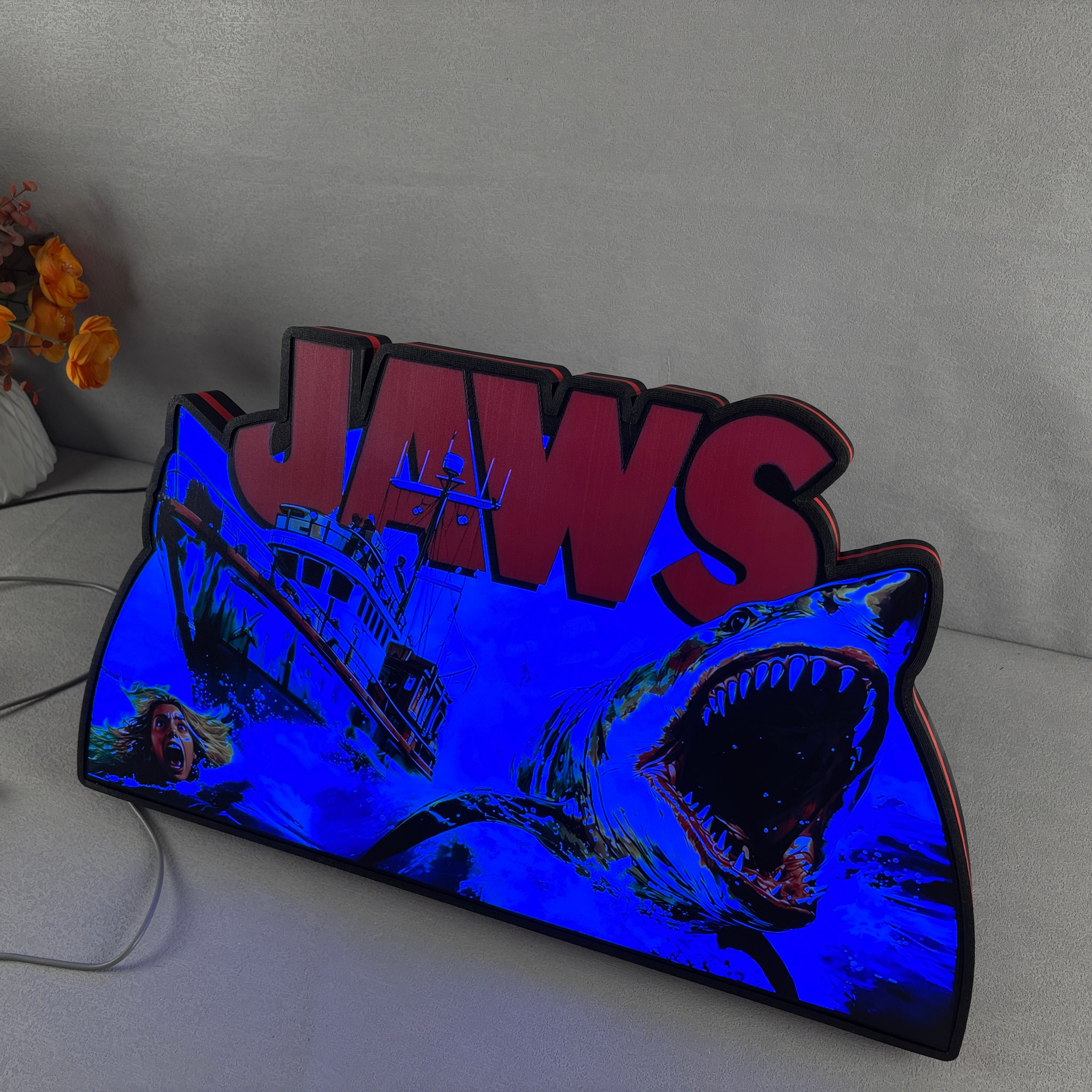 Jaws Pinball Topper, Designed for Stern Jaws Pinball 3D printed lightbox housing with RED Halo effects, LED, Dimmable, and USB powered