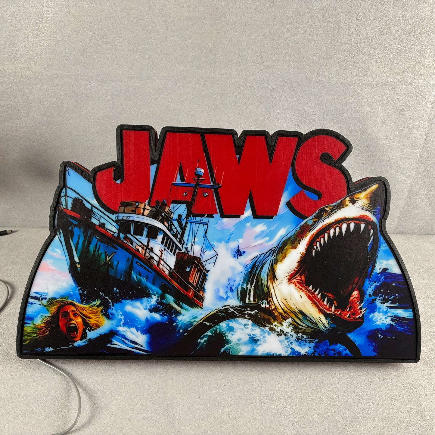 Jaws Pinball Topper, Designed for Stern Jaws Pinball 3D printed lightbox housing with RED Halo effects, LED, Dimmable, and USB powered