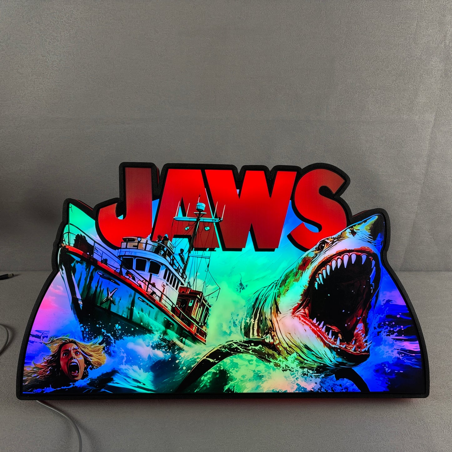 Jaws Pinball Topper, Designed for Stern Jaws Pinball 3D printed lightbox housing with RED Halo effects, LED, Dimmable, and USB powered