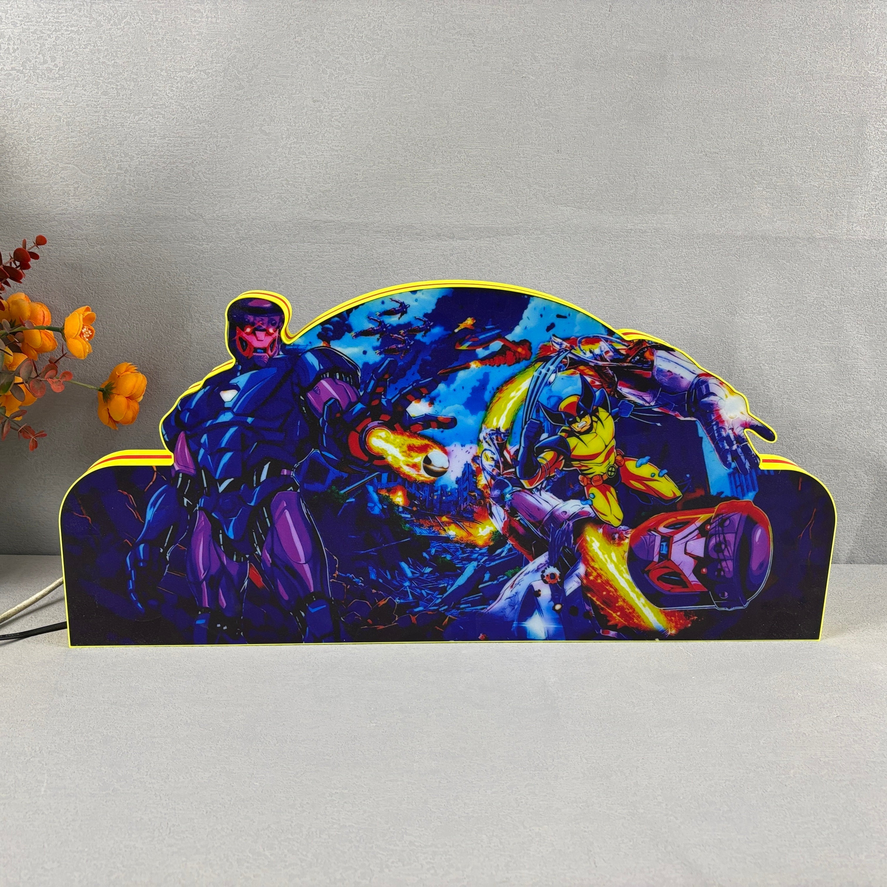 X-Men Pinball Topper 3D Pinted Lightbox, Wolverine vs. Sentinel LED Lightbox, For X-Men Pinball Arcade Game Fans, Game Rooom Decor