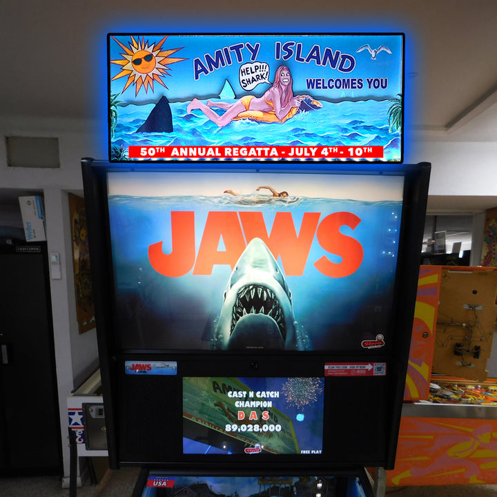 Jaws Pinball Topper, conçu pour le boîtier de lightbox imprimé en 3D Stern Jaws Pinball avec effets RED Halo, LED, dimmable et alimenté par USB