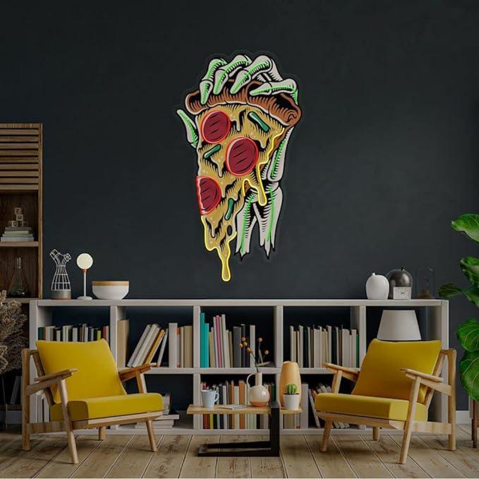 Keleton Hand Holding Pizza Neon Sign Pizza UV Printed Neon Decor - FYLZGO Signs