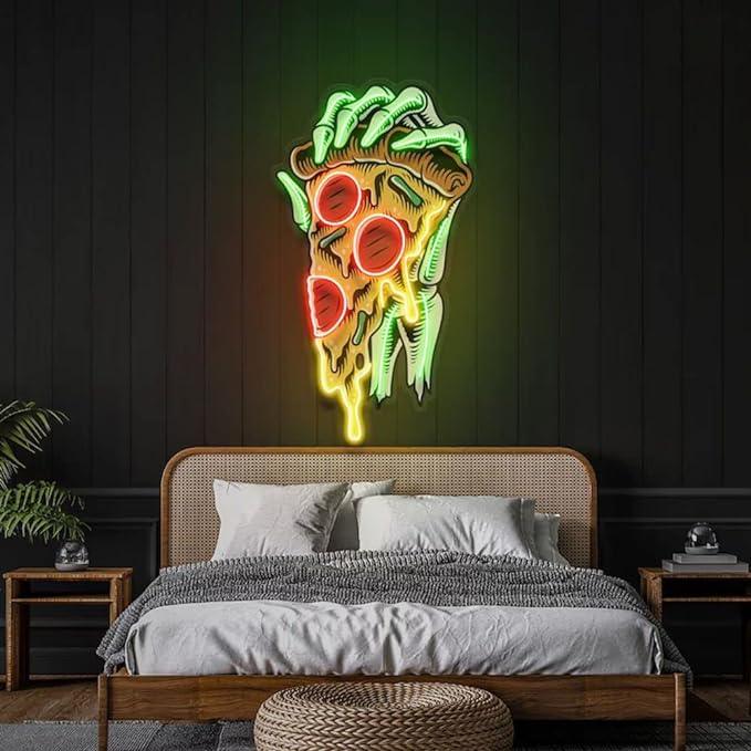 Keleton Hand Holding Pizza Neon Sign Pizza UV Printed Neon Decor - FYLZGO Signs