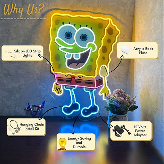 Spongebob Neon Sign UV Printed, 19 x 26 inches Yellow Neon for Kids, Birthday Parties With Dimmer Switch And Power Adapter