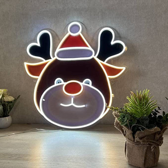 Enseigne au néon LED renne de Noël 21 x 20 pouces pour tentures murales intérieures et extérieures