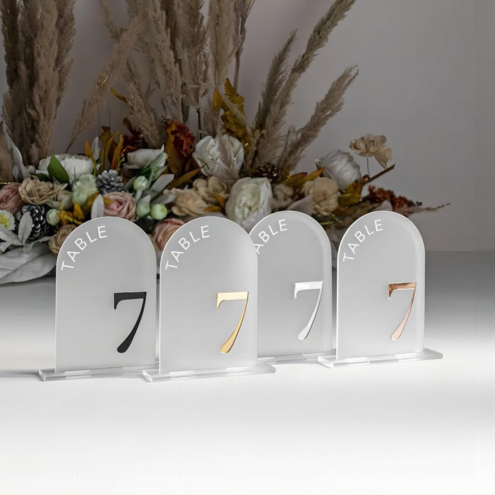 Numéros de Table en arc en acrylique givré, signe en acrylique givré, décor de Table de mariage