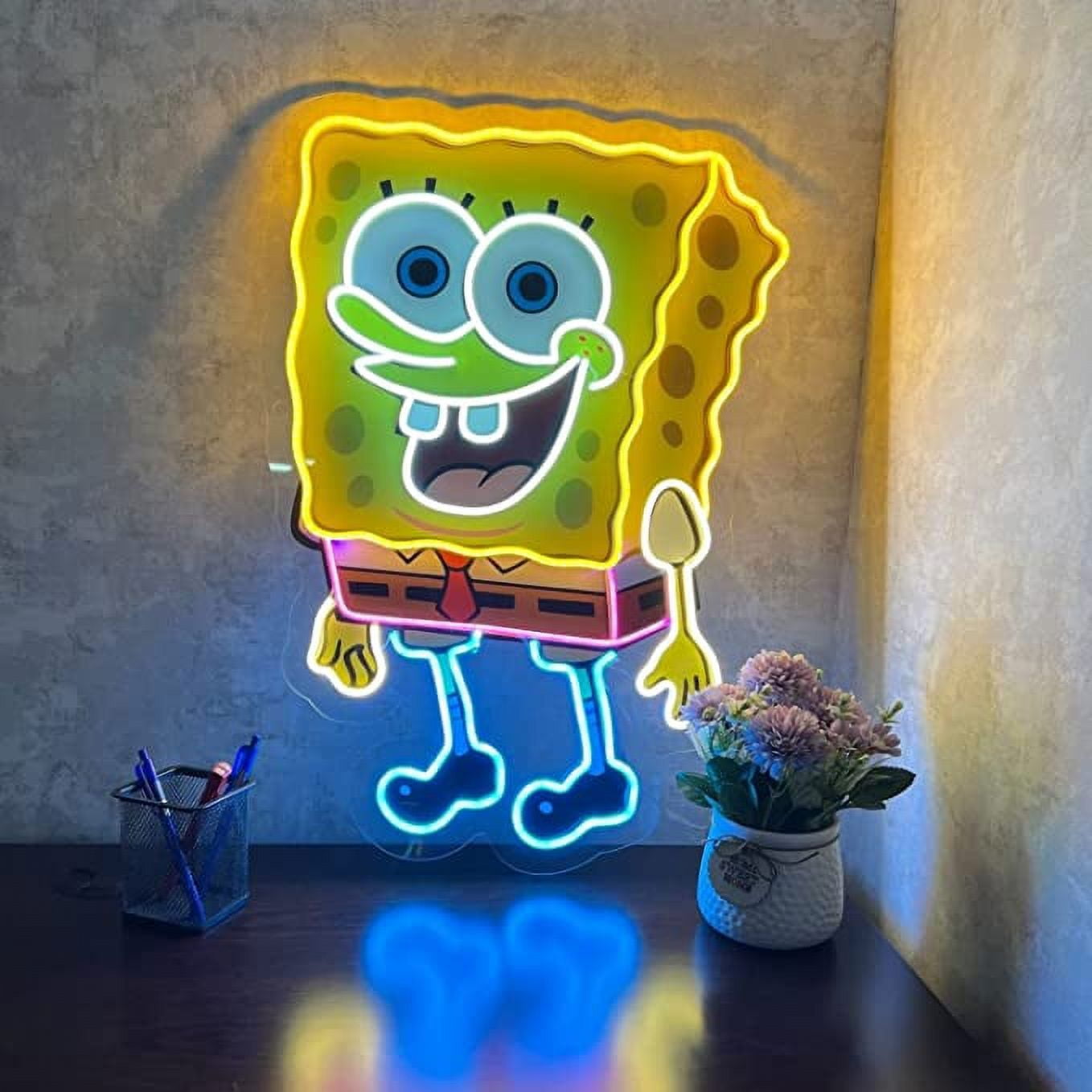 Spongebob Neon Sign UV Printed, 19 x 26 inches Yellow Neon for Kids, Birthday Parties With Dimmer Switch And Power Adapter