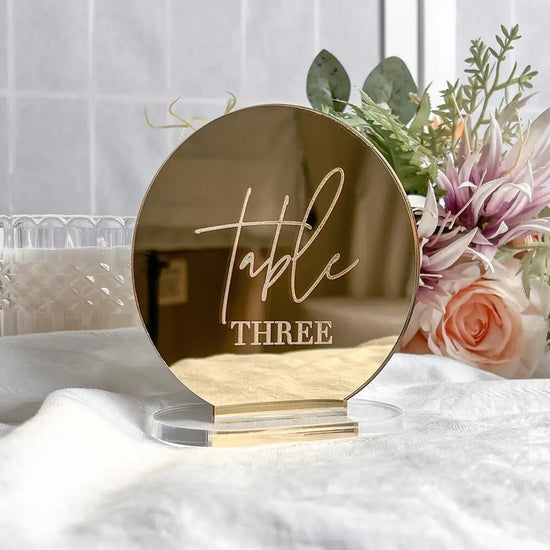 Round Mirror Table Numbers Personalized Acrylic Table Numbers Holder Gold Mirror Sign Engraved Round Acrylic Wedding Decor