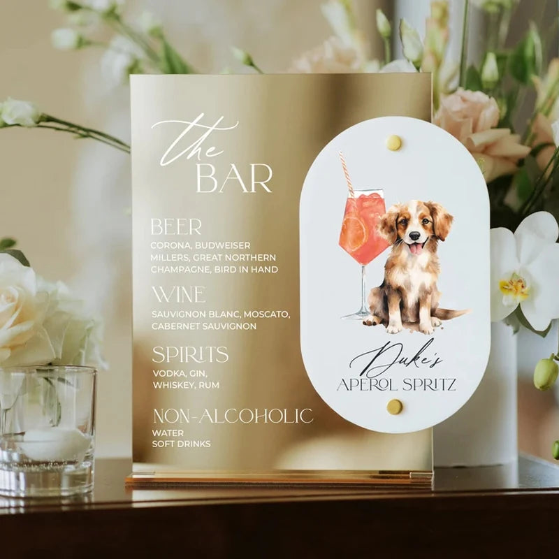 Panneau de Bar de mariage miroir doré, panneau de boisson Signature de mariage avec animal de compagnie, panneau de Cocktail de mariage, panneau de bienvenue en acrylique blanc, Menu de Bar