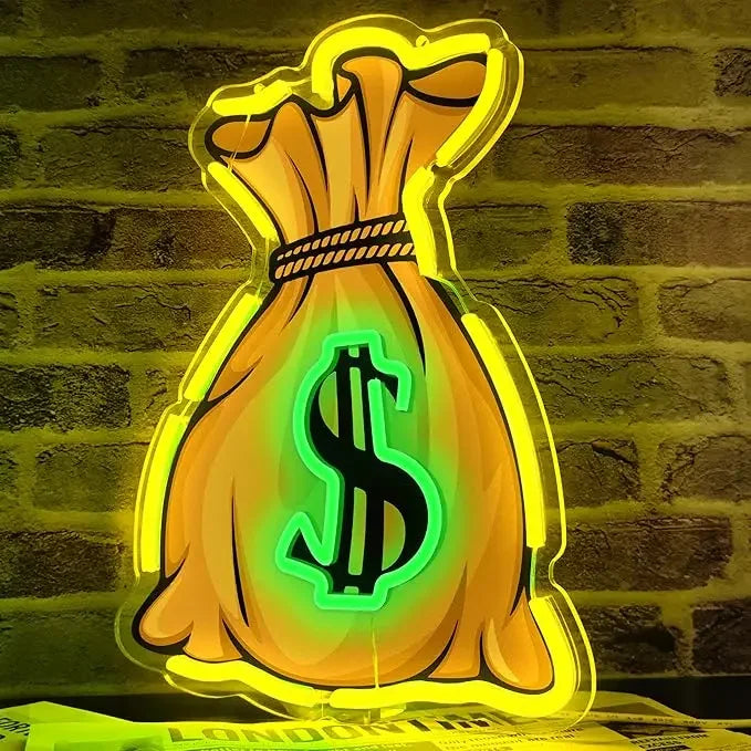 Money bag neon sign for wall decoration, money LED neon dollar money neon for playroom bedroom birthday gifts