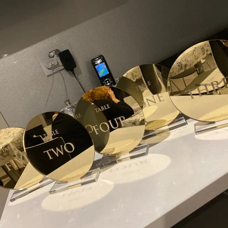 Round Mirror Table Numbers Personalized Acrylic Table Numbers Holder Gold Mirror Sign Engraved Round Acrylic Wedding Decor