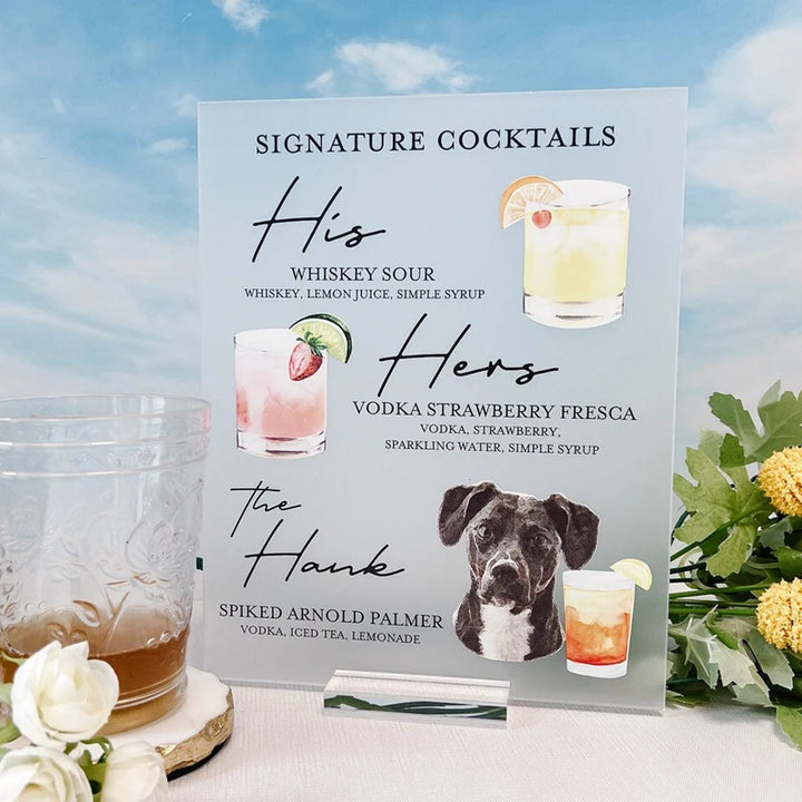 Signe acrylique de cocktails de signature, menu de barre de boisson de signature d’animal familier, base de menu de barre de mariage d’animal familier, signe de barre de mariage, menu de barre acrylique