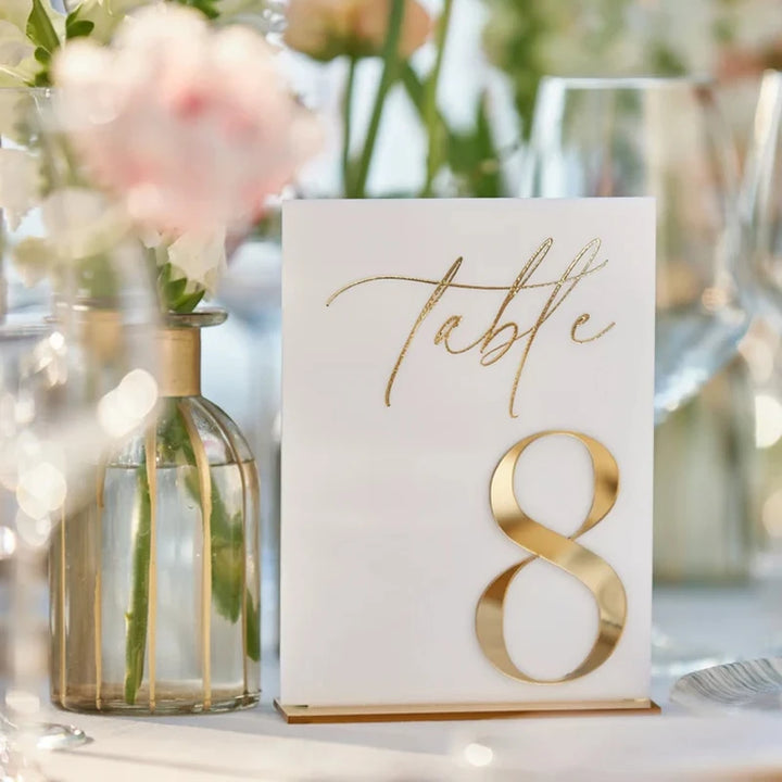 Acrylique blanc avec numéros de Table miroir doré 3D, numéros de Table de mariage, signe de Table de mariage avec support, décor de Table