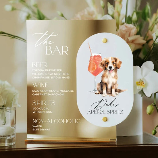 Panneau de Bar de mariage miroir doré, panneau de boisson Signature de mariage avec animal de compagnie, panneau de Cocktail de mariage, panneau de bienvenue en acrylique blanc, Menu de Bar