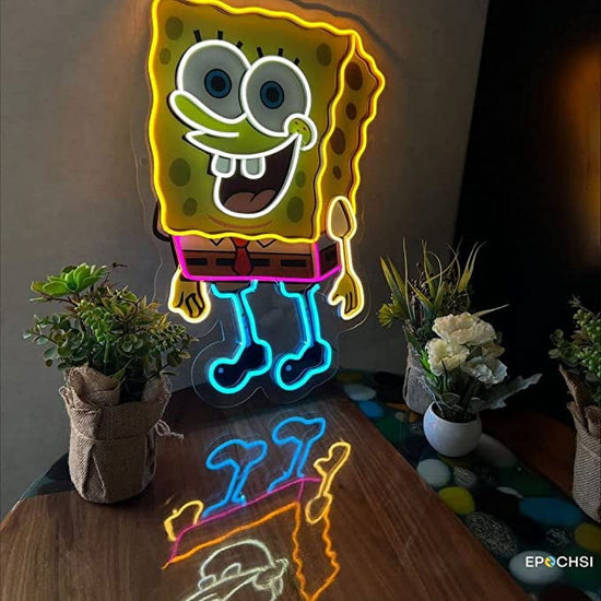 Panneau néon Bob l'éponge imprimé UV, néon jaune 19x26 pouces pour enfants, fêtes d'anniversaire avec variateur et adaptateur secteur