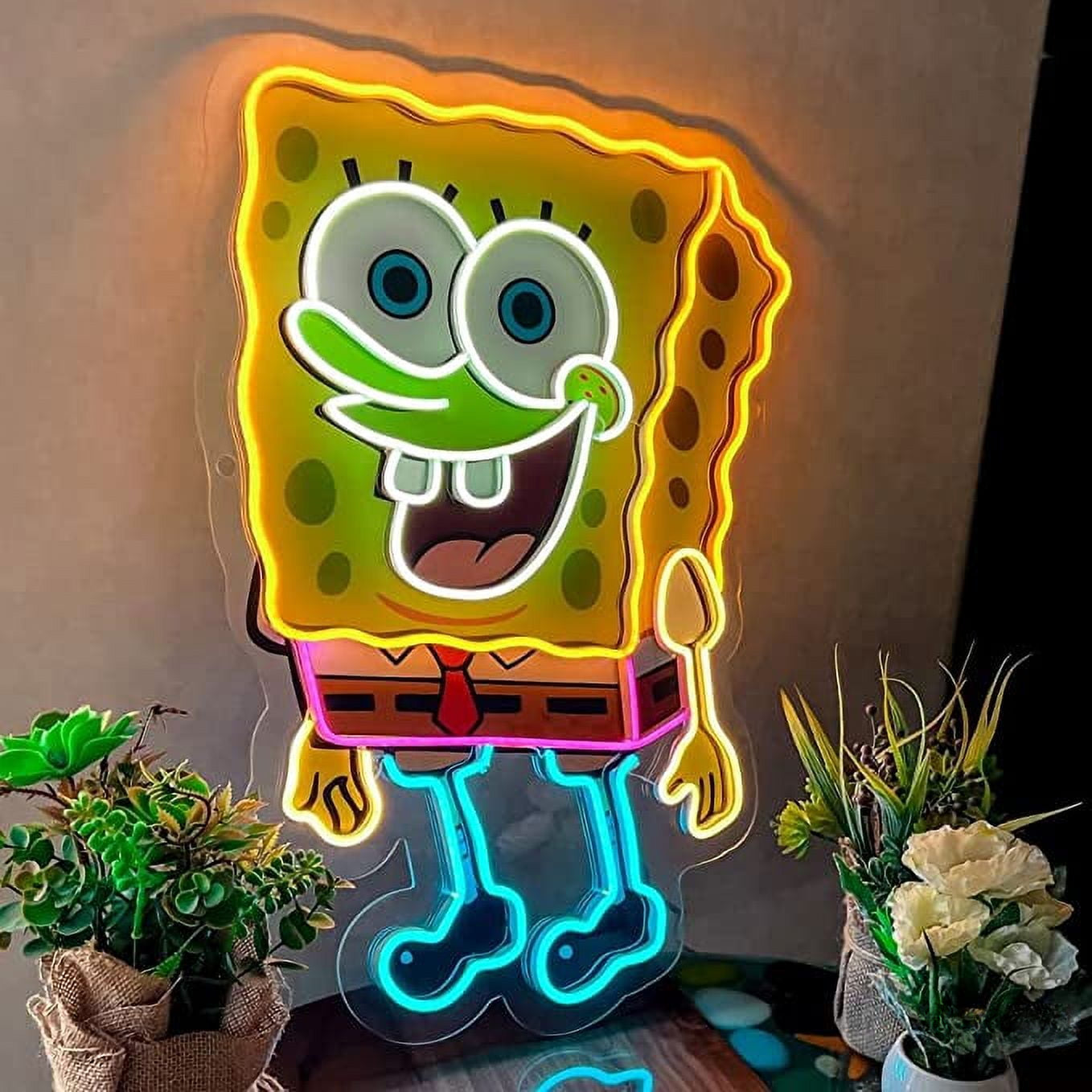 Spongebob Neon Sign UV Printed, 19 x 26 inches Yellow Neon for Kids, Birthday Parties With Dimmer Switch And Power Adapter