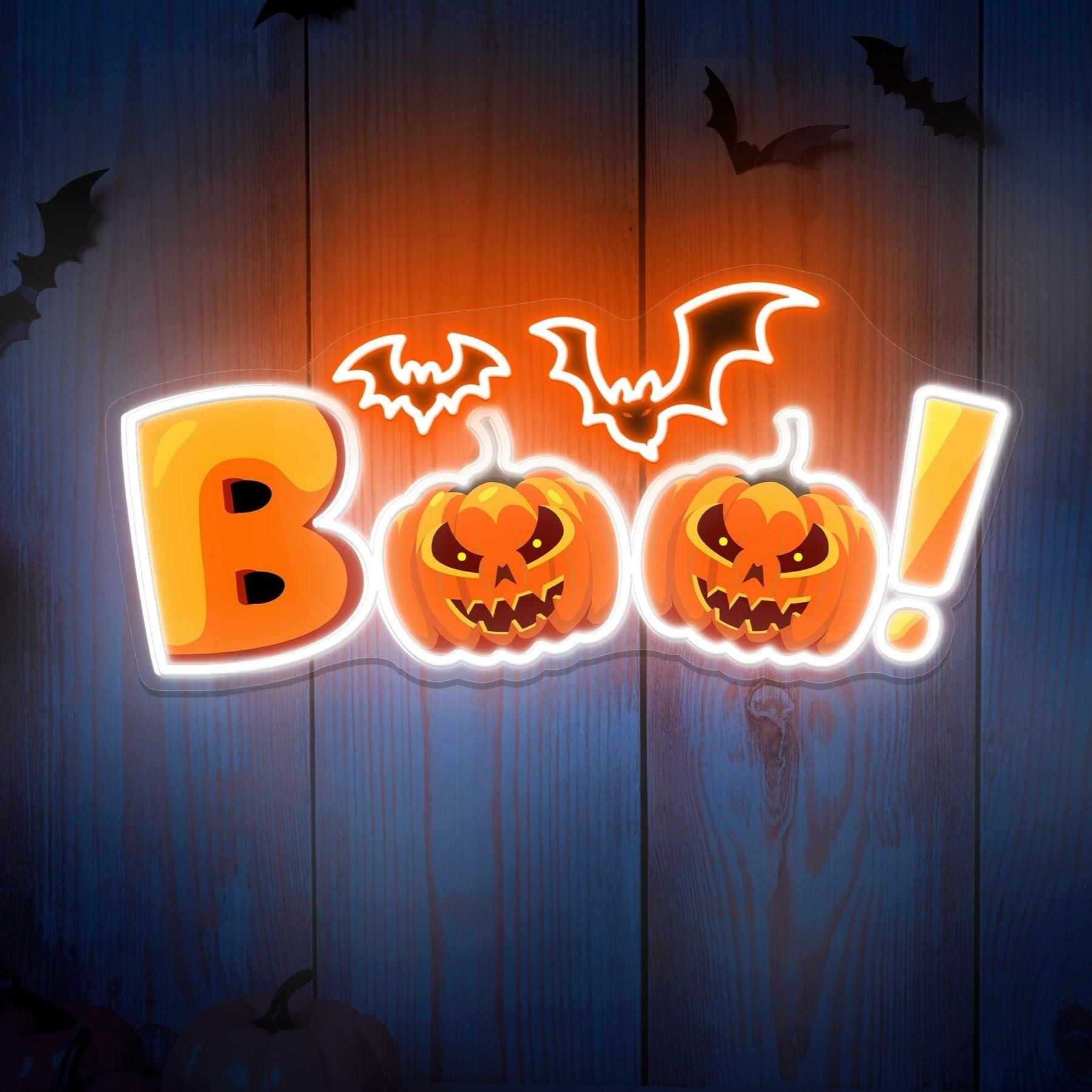 BOO Neon Halloween Sign Scary LED Light-Up Sign  20 x 9 Inches Clear Edge Cut Acrylic Backing, with Dimmer - Bright and Premium built For Gaming and Kids Room Decor