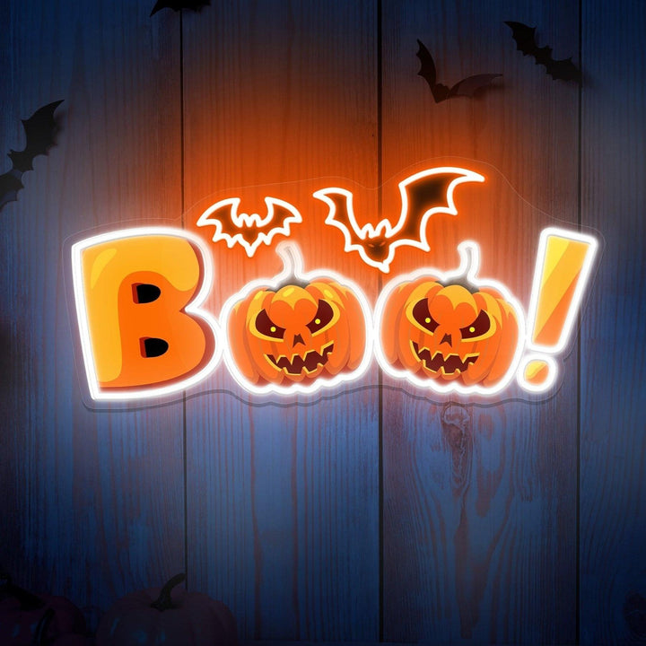 BOO Panneau lumineux néon Halloween effrayant à LED 50,8 x 22,9 cm, support en acrylique découpé avec bords transparents, avec variateur – Lumineux et haut de gamme conçu pour les jeux et la décoration de chambre d'enfant