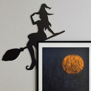 Witch Door Frame Topper Metal | Witch Flying on Broom | Halloween Decor | Witch Door Corner | Halloween Door Topper