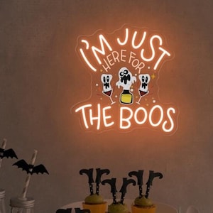 Here for the Boos Neon Sign, Cute Ghost & Wine Neon Sign, Funny Bedroom Decor, Halloween Party Decor, Spooky Vibe Wall Art, Boo Halloween