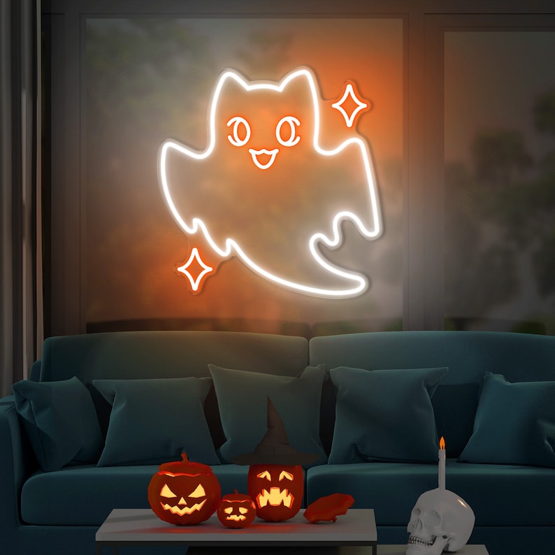 Ghost cat Neon sign, Boo Neon Sign, Ghost Neon, Cute Animal neon sign, Halloween neon sign, Spooky Led Light, Funny Ghost, Custom Neon Sign