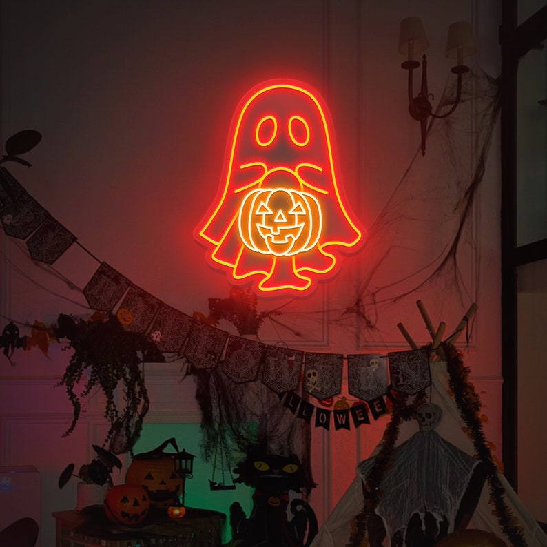 Ghost with Pumpkin Neon Sign/ Little Ghost Pumpkin Neon Sign/ Halloween Party Light Up/ Halloween Ghost Trick Or Treat/ Pumpkin Lover LED