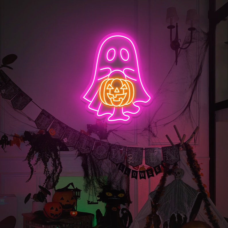 Ghost with Pumpkin Neon Sign/ Little Ghost Pumpkin Neon Sign/ Halloween Party Light Up/ Halloween Ghost Trick Or Treat/ Pumpkin Lover LED