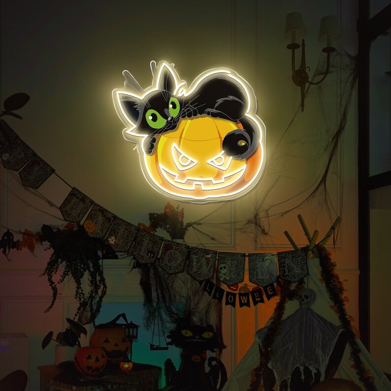 Halloween Pumpkin Neon Sign/Halloween Pumpkin Cat UV-Printed Neon Sign/Halloween Cat Neon Sign/Halloween Party Decor/Gift for Kids