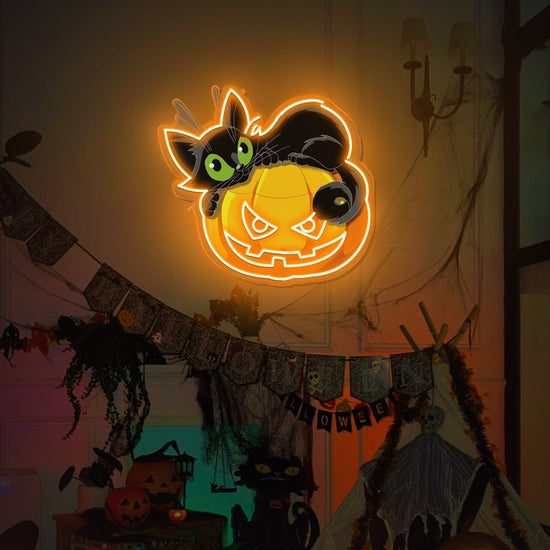 Halloween Pumpkin Neon Sign/Halloween Pumpkin Cat UV-Printed Neon Sign/Halloween Cat Neon Sign/Halloween Party Decor/Gift for Kids