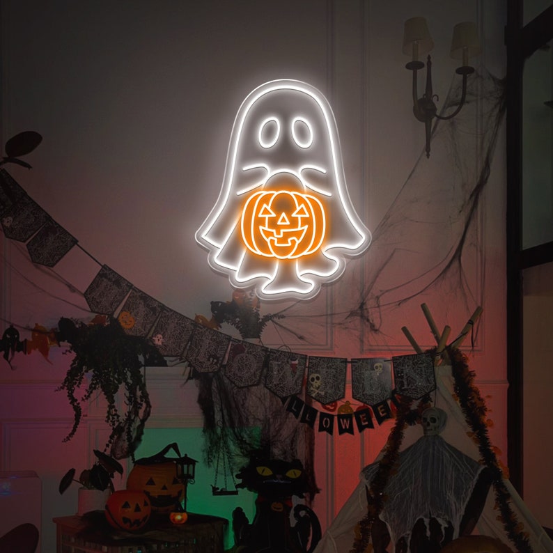 Ghost with Pumpkin Neon Sign/ Little Ghost Pumpkin Neon Sign/ Halloween Party Light Up/ Halloween Ghost Trick Or Treat/ Pumpkin Lover LED