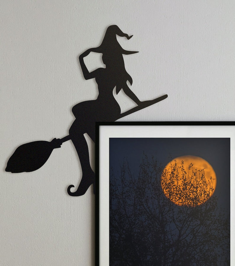 Witch Door Frame Topper Metal | Witch Flying on Broom | Halloween Decor | Witch Door Corner | Halloween Door Topper