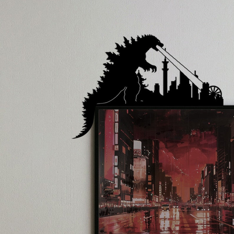 Godzilla Cadre de porte Topper Métal | Topper de porte de dragon de Tokyo | Art mural en métal | Porte Monster Lizard suspendue | Décoration murale Godzilla