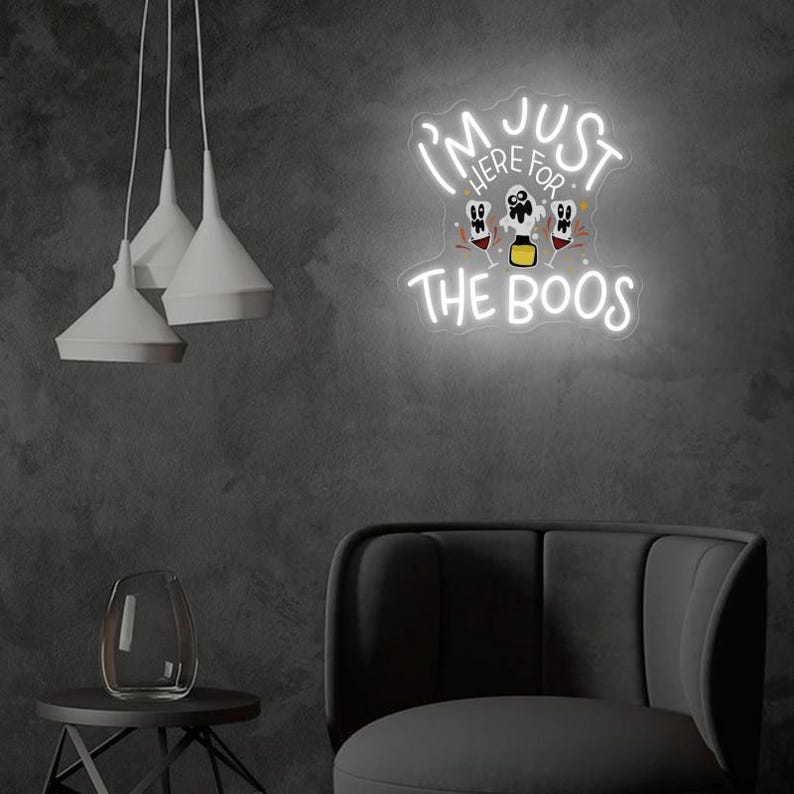 Here for the Boos Neon Sign, Cute Ghost & Wine Neon Sign, Funny Bedroom Decor, Halloween Party Decor, Spooky Vibe Wall Art, Boo Halloween