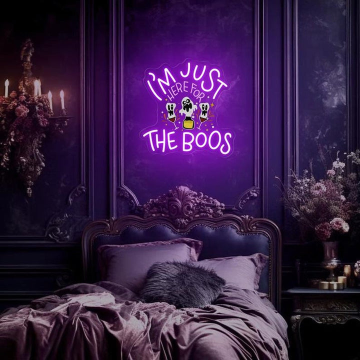 Here for the Boos Neon Sign, Cute Ghost & Wine Neon Sign, Funny Bedroom Decor, Halloween Party Decor, Spooky Vibe Wall Art, Boo Halloween