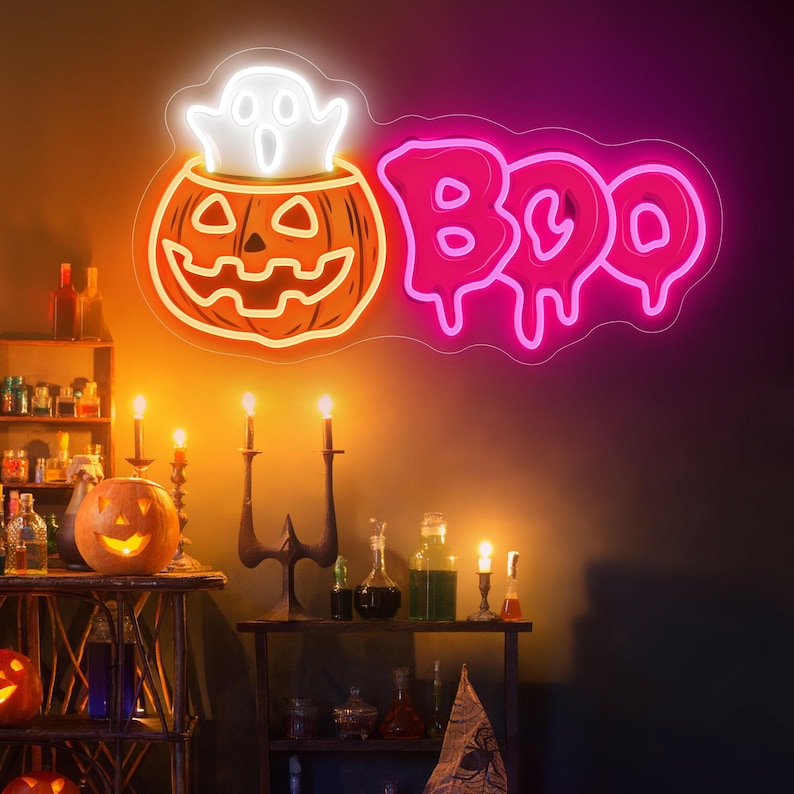 Custom Halloween Neon Sign, Pumpkin Ghost Boo Neon Sign, Halloween Gift for Kid, Halloween Party Decor Led Lights, Kids Room Neon Light Sign