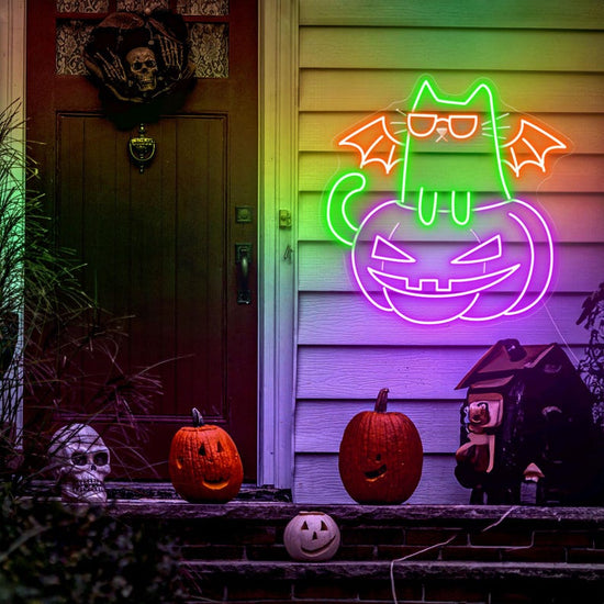 Pumpkin Cat Neon Sign, Cat Led Lights, Halloween Cat Neon LED, Cat Light Sign Wall Decor, Pumpkin LED Sign Bedroom, Halloween Decor - T3165