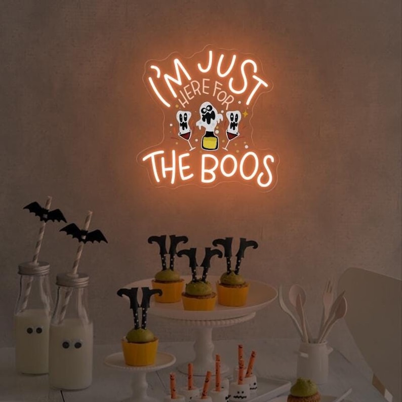 Here for the Boos Neon Sign, Cute Ghost & Wine Neon Sign, Funny Bedroom Decor, Halloween Party Decor, Spooky Vibe Wall Art, Boo Halloween