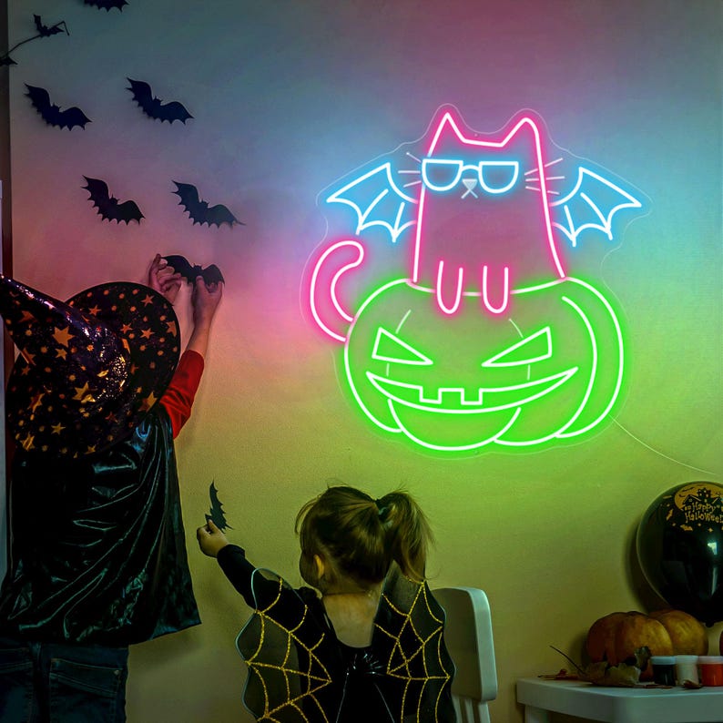 Pumpkin Cat Neon Sign, Cat Led Lights, Halloween Cat Neon LED, Cat Light Sign Wall Decor, Pumpkin LED Sign Bedroom, Halloween Decor - T3165