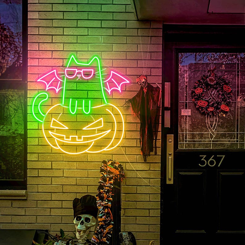 Pumpkin Cat Neon Sign, Cat Led Lights, Halloween Cat Neon LED, Cat Light Sign Wall Decor, Pumpkin LED Sign Bedroom, Halloween Decor - T3165