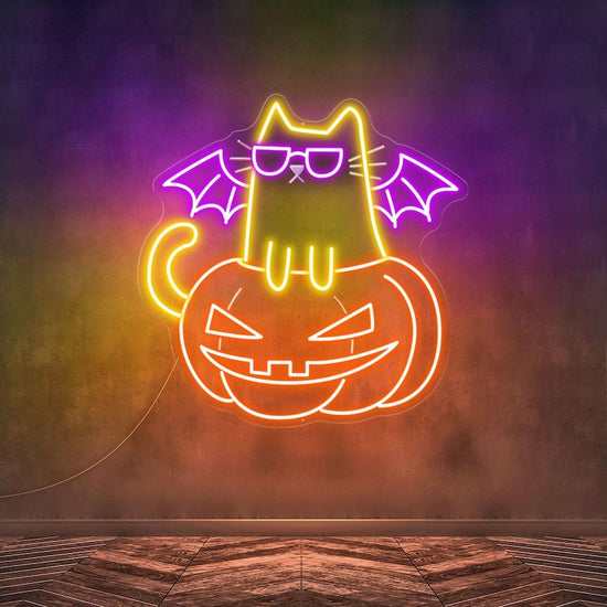 Pumpkin Cat Neon Sign, Cat Led Lights, Halloween Cat Neon LED, Cat Light Sign Wall Decor, Pumpkin LED Sign Bedroom, Halloween Decor - T3165