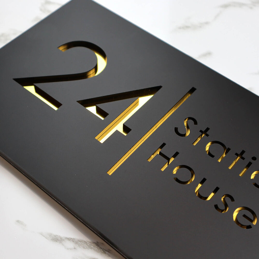 Laser Cut House Signs Matt Black & Gold Door Numbers Address Plaque Number